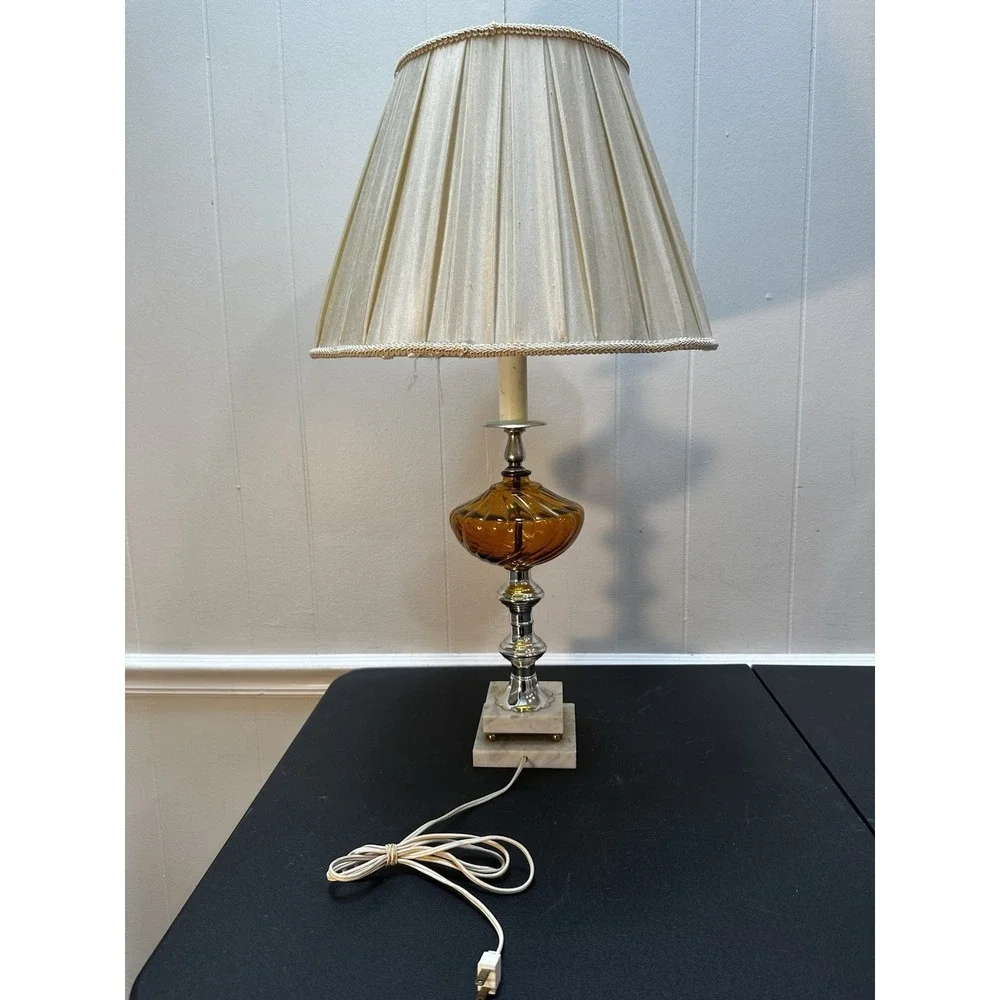 Vintage Amber Glass Table Lamp Marble Base Chrome Metal Pleated Shade‎ 29